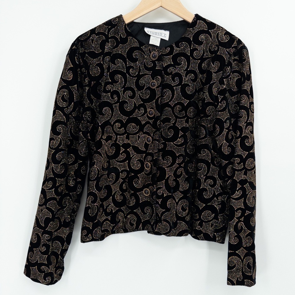 Vintage Black Velvet Glitter Blazer Womens M Whimsigoth Party Holiday New Years‎